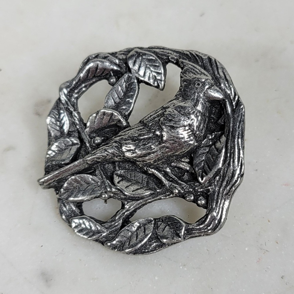 VTG Birds & Blooms Cardinal Pewter Pin Brooch 999 Limited Edition Red Bird